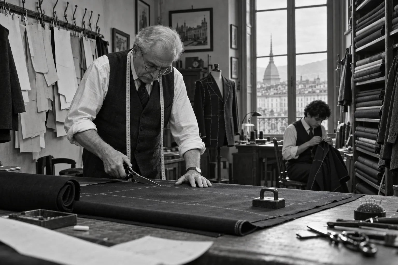 Maestro sarto al tavolo da taglio nell'atelier, fotografia in bianco e nero